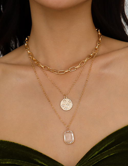 Fashion Gold Alloy Diamond Round Medal Chain Multilayer Necklace