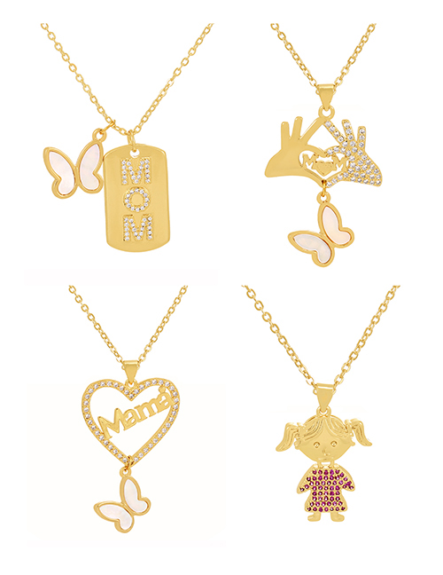Fashion Gold Copper Set Zircon Heart Palm Letter Mom Shell Butterfly Pendant Necklace