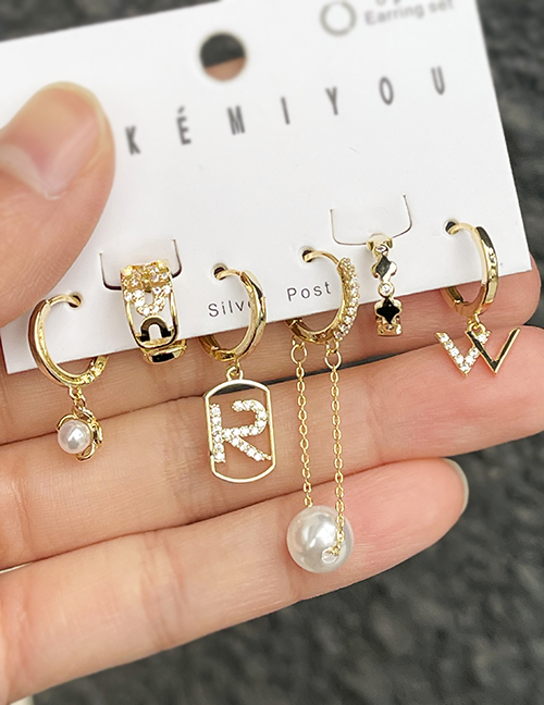 Fashion Gold Set Of 6 Brass Zirconia Alphabet Pearl Chain Pendant Earrings