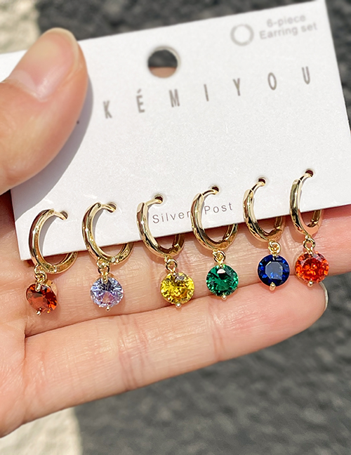 Fashion Color Set Of 6 Brass Zirconium Round Pendant Earrings