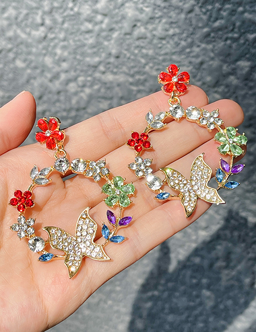 Fashion White Alloy Diamond Flower Butterfly Stud Earrings