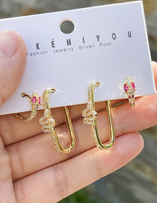 Fashion Gold Set Of 4 Copper-inlaid Zircon Snake Earrings