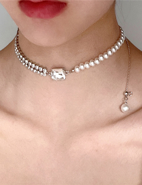 Fashion Silver Geometric Diamond Double Row Claw Chain And Pearl Beaded Necklace
