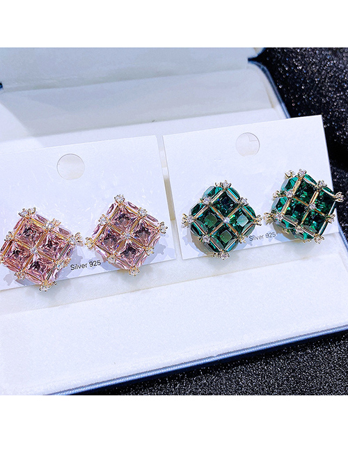 Fashion Green Copper Inlaid Zirconium Cube Earrings