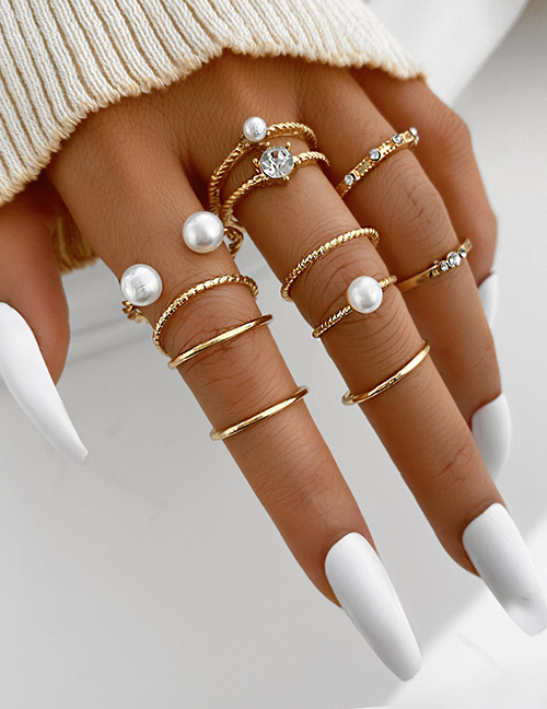 Fashion Gold Color Alloy Diamond Pearl Ring Set