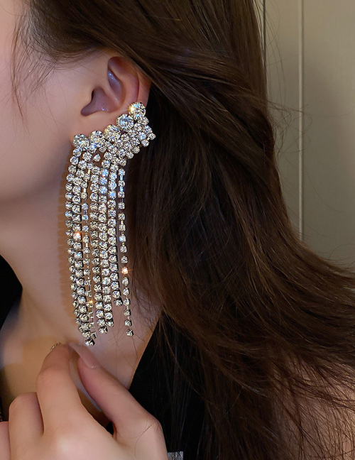 Fashion Silver Alloy Diamond Long Tassel Drop Earrings