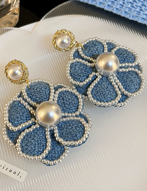 Fashion Blue Fabric Pearl Flower Stud Earrings