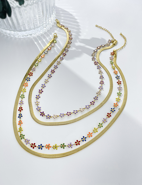 Fashion Purple Titanium Steel Double Drop Glaze Flower Snake Pattern Chain Necklace