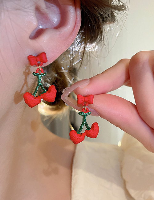 Fashion Pink Alloy Bow Cherry Stud Earrings