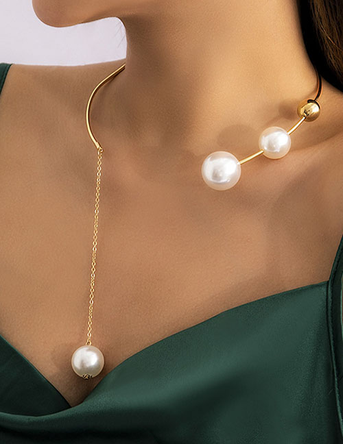 Fashion White K Necklace 5116 Alloy Pearl Gold Bead Open Necklace