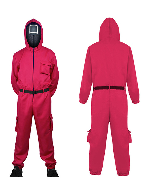Fashion Red Jumpsuit + Belt + Gloves Halloween Hooded Belt Pocket Jumpsuit