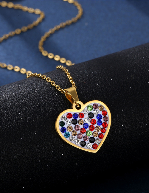 Fashion Gold Color Stainless Steel Heart Necklace With Colored Diamonds