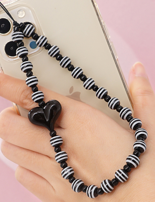 Fashion Black Striped Beaded Peach Heart Phone Chain