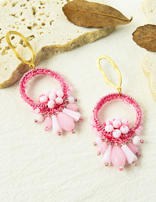 Fashion Pink Alloy Hollow Round Tassel Bead Stud Earrings