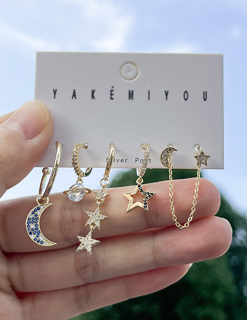 Fashion Gold 6-piece Set Of Copper Inlaid Zirconium Pentagram Crescent Earrings