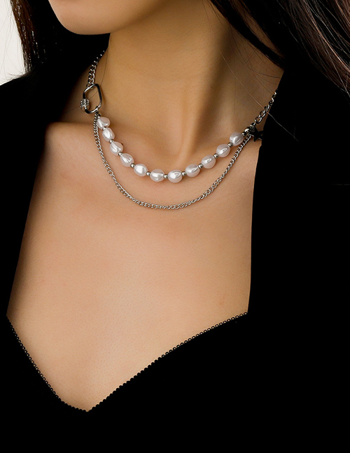 Fashion Silver Alloy Pearl Beaded Chain Double Layer Necklace