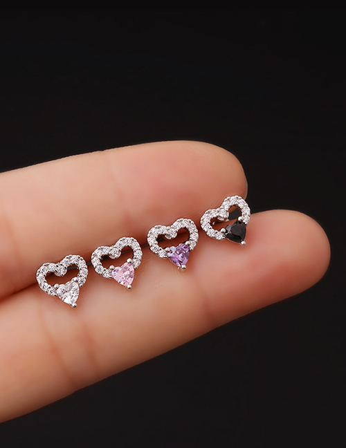 Fashion 1#silver Titanium Steel Thin Rod Set Zirconium Heart Pierced Stud Earrings
