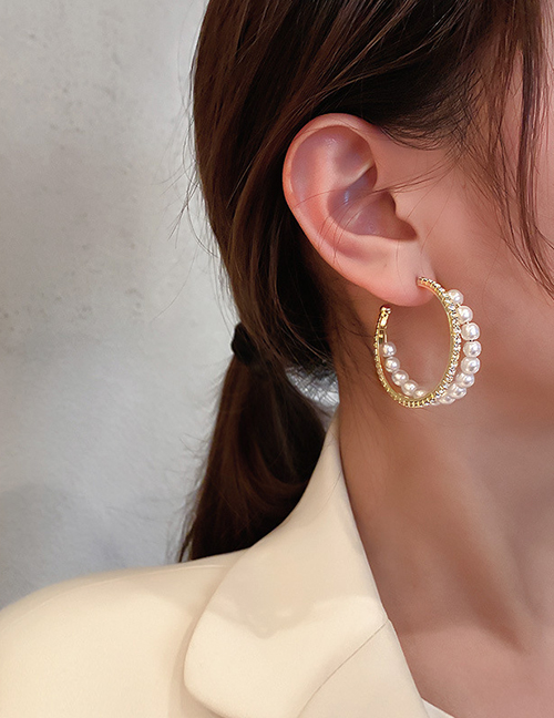 Fashion Gold Alloy Diamond And Pearl C Hoop Earrings