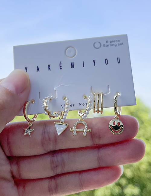 Fashion Gold 6-piece Set Of Bronze Zircon Pearl Smiley Pentagram Earrings