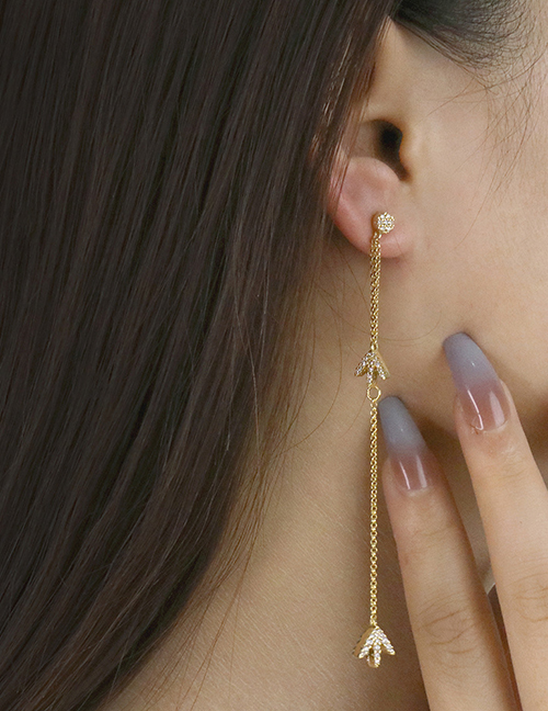 Fashion Gold Brass Set Zirconia Leaf Tassel Drop Earrings