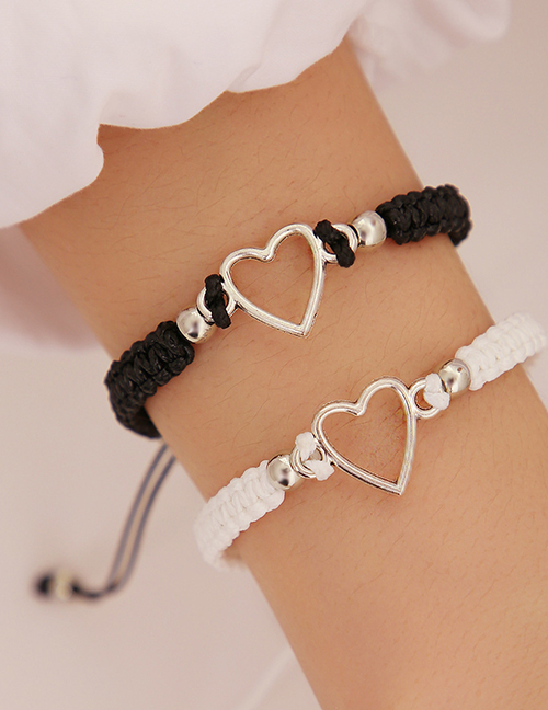 Fashion Black And White Alloy Cord Braided Hollow Heart Bracelet Set