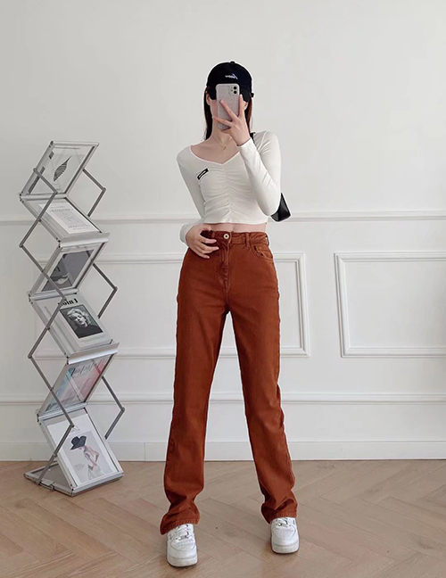 Fashion Coffee Color High-waisted Flared Denim Trousers