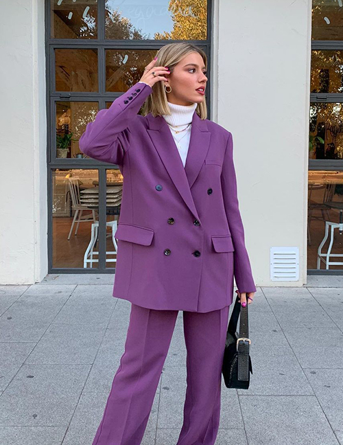 Fashion Purple Double-breasted Pocket Blazer