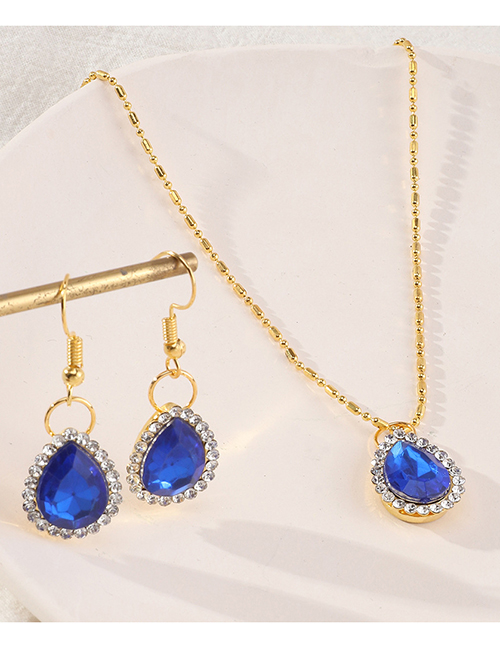 Fashion Royal Blue Metal Diamond Sapphire Stud Earrings Necklace Set