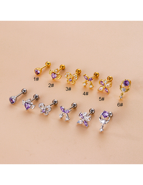 Fashion 1#silver Titanium Steel Inlaid Zirconium Heart Butterfly Cherry Piercing Stud Earrings