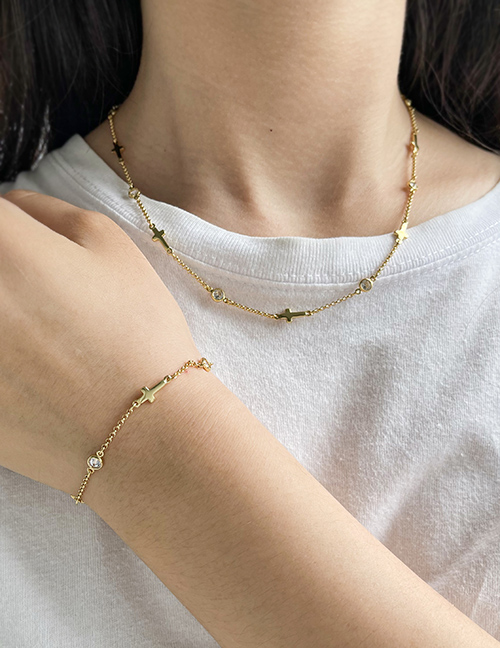 Fashion Gold Bronze Zirconium Cross Chain Necklace
