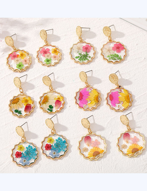 Fashion 1# Five Colorful Flowers Resin Dried Flower Round Earrings