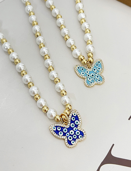 Fashion Lake Blue Bronze Zircon Drop Oil Butterfly Eye Pearl Pendant Beaded Necklace
