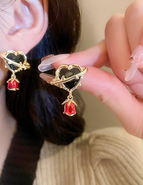 Fashion Black Copper And Diamond Heart Rose Earrings