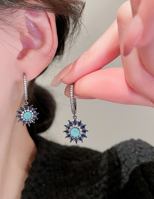 Fashion Earrings - Blue Zirconia Sun Flower Hoop Earrings In Copper