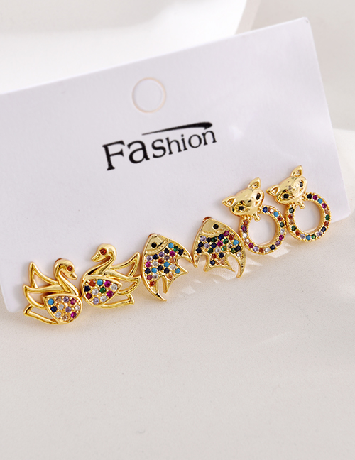 Fashion Gold Set Of 6 Copper Inlaid Zircon Animal Earrings