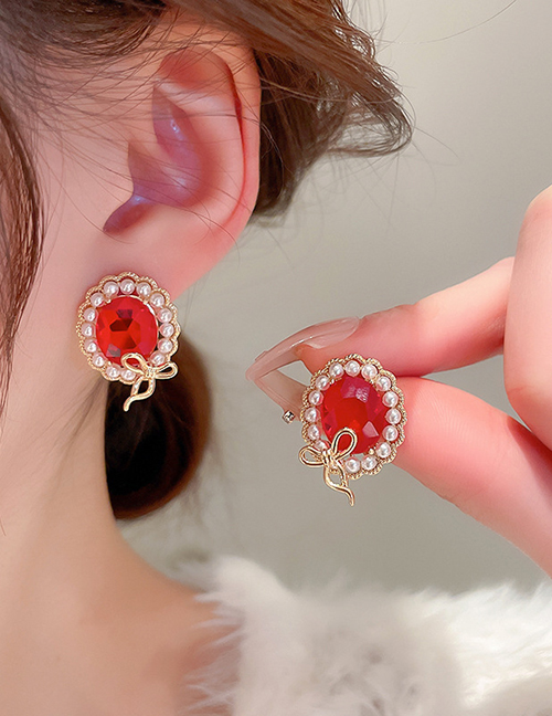 Fashion Red Bow Alloy Inlaid Zirconium Inlaid Pearl Geometric Stud Earrings