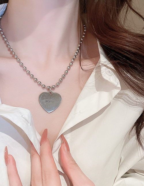 Fashion Necklace - Silver Titanium Steel Alphabet Heart Bead Chain Necklace