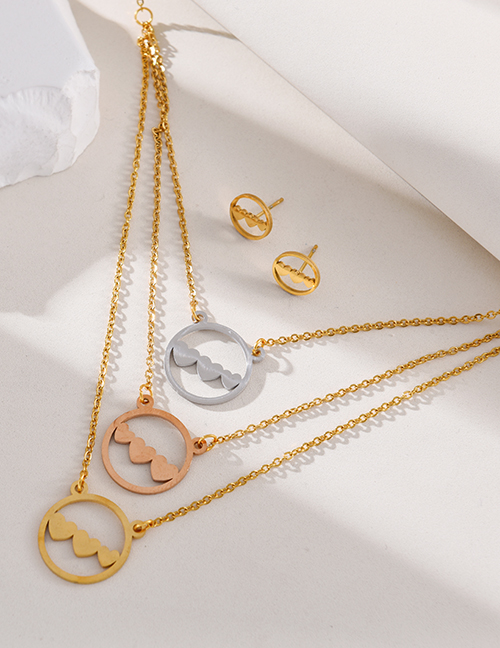 Fashion Color Titanium Steel Round Heart Pendant Multilayer Necklace Earrings Set