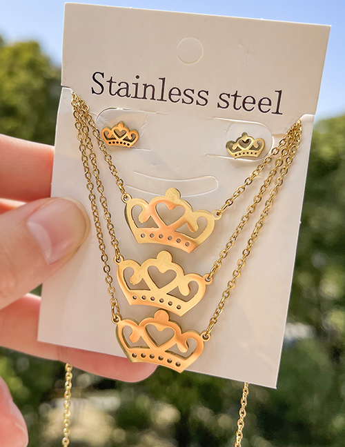 Fashion Gold Titanium Steel Hollow Crown Pendant Multilayer Necklace Earrings Set