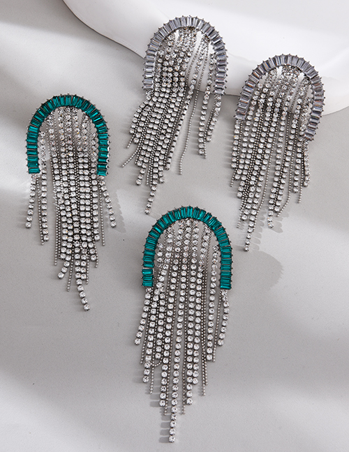 Fashion Dark Green Alloy Diamond Curved Long Tassel Earrings