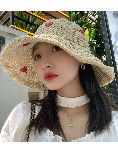 Fashion Beige Heart Embroidered Straw Sun Hat