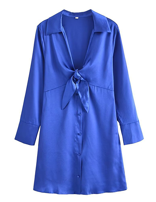 Fashion Blue Polyester Lapel V-neck Knotted Dress