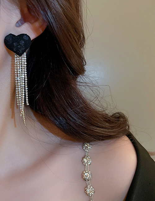 Fashion Black (tassel) Fabric Heart Diamond Long Tassel Earrings