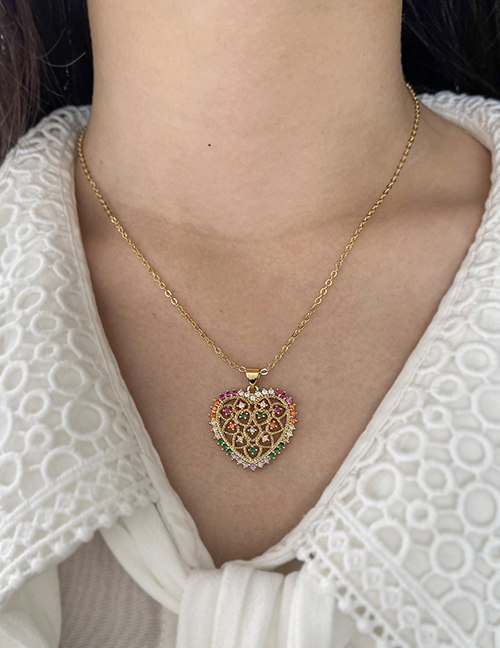 Fashion Golden 1 Copper Inlaid Zirconium Openwork Pattern Heart Pendant Necklace