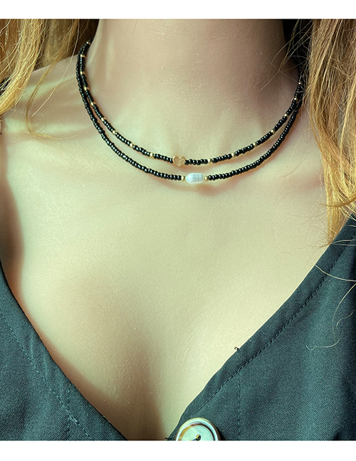 Fashion Black Beaded Love Double Layer Necklace