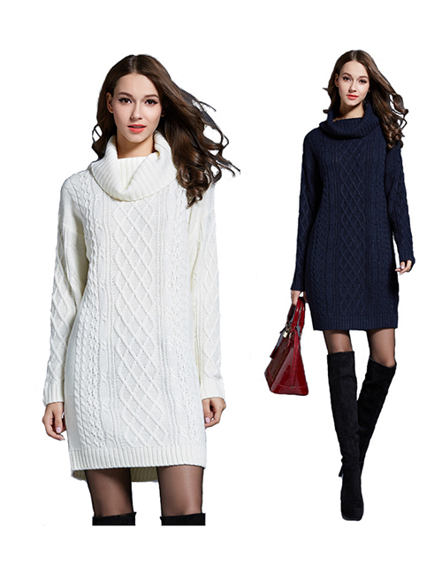 Fashion White Blend Knit Drop Neck Sweater Dress