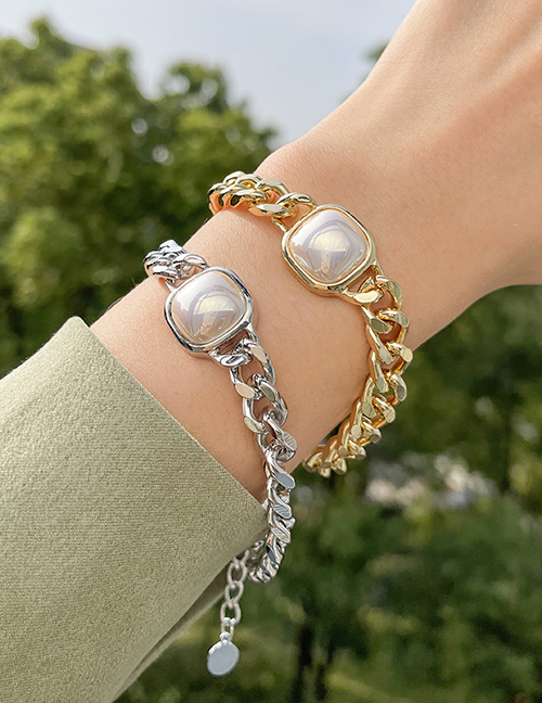 Fashion Gold Alloy Pearl Square Chunky Chain Bracelet
