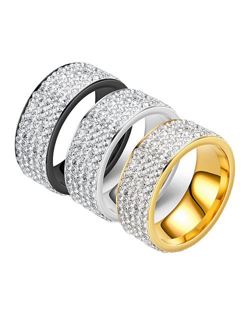 Fashion Golden Five Rows Of Diamonds Titanium Steel Five Row Diamond Facing Ring