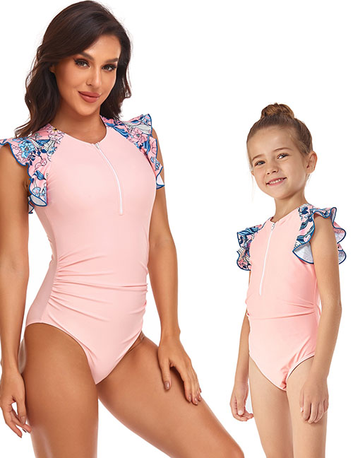 Fashion Pink Children's Money Nylon Printed Panel Zipper Kids One-piece Swimsuit
