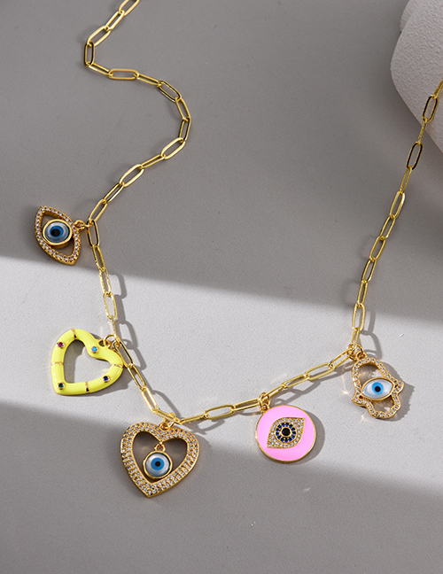 Fashion Color Copper Inlaid Zirconia Oil Drop Heart Eye Pendant Necklace